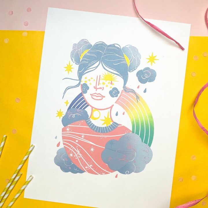 colorful lino print rainbow