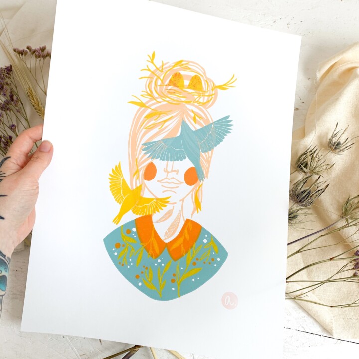 linocut idea bird lady