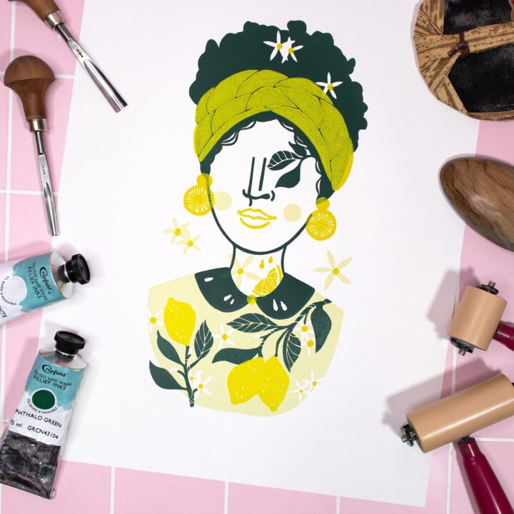 linoldruck kunst zitrone