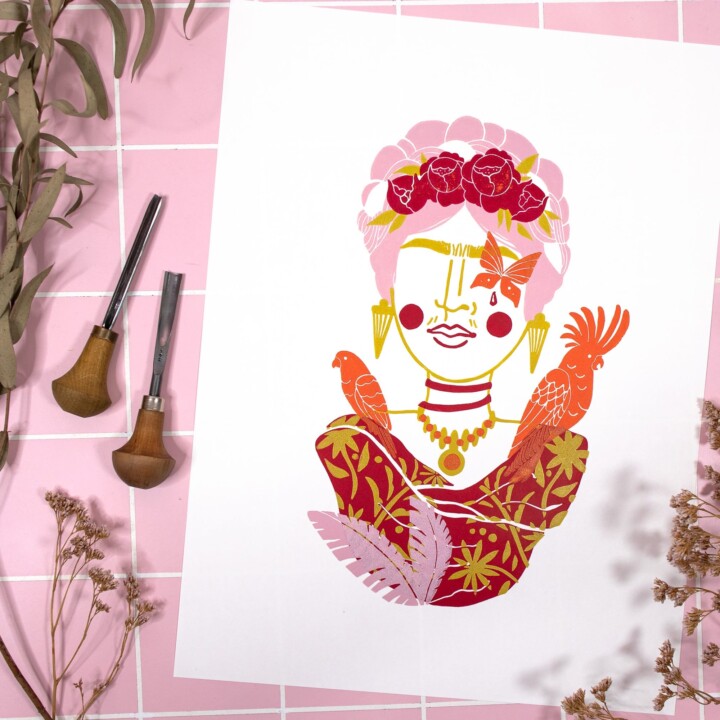 linoldruck portrait frida kahlo