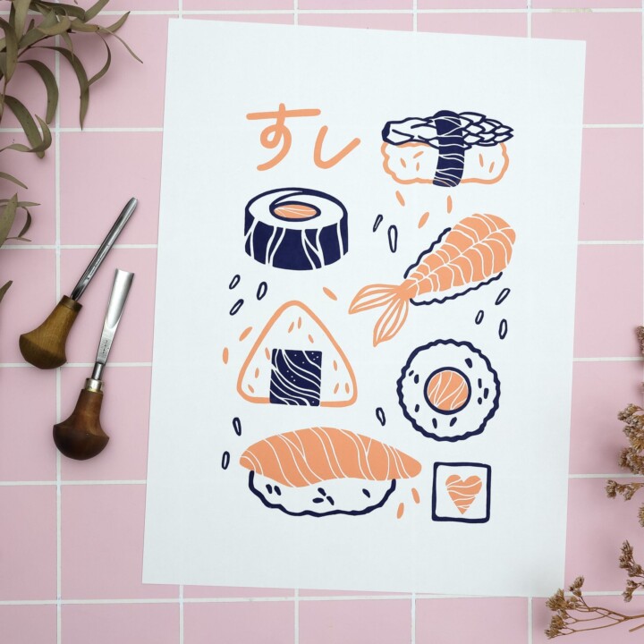 linoldruck sushi motiv idee