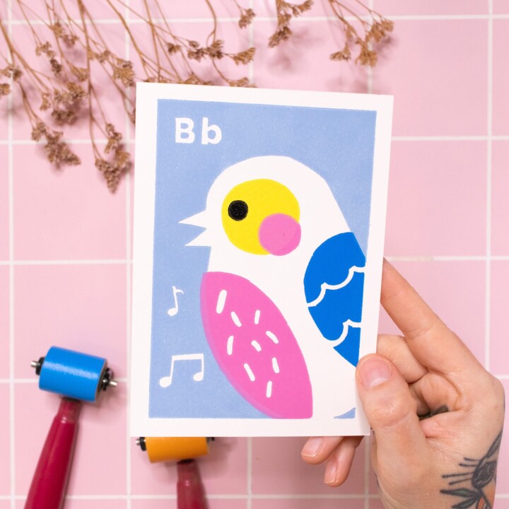 linolschnitt postkarte vogel